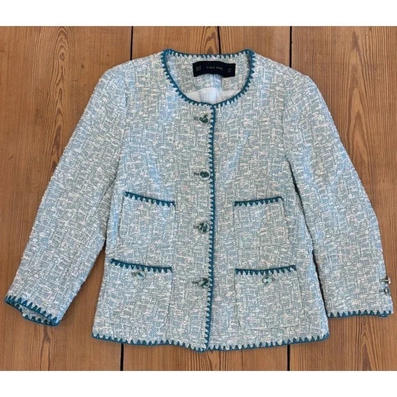 Zara Jackets & Blazers - Zara Teal and White Tweed Blazer